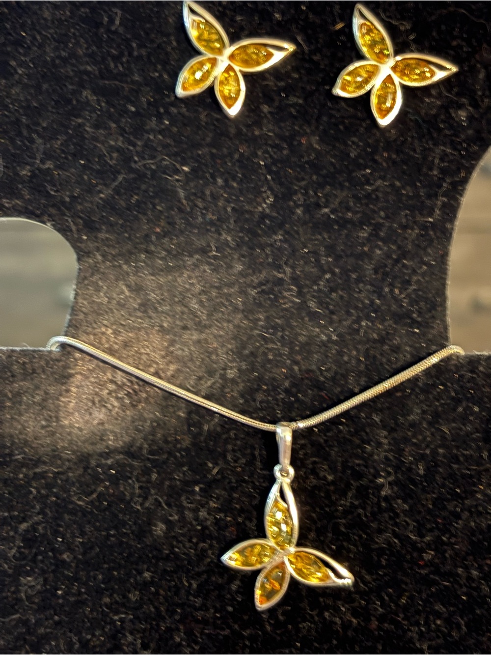 Honey Amber Pendant Necklace and Stud Earrings Set
